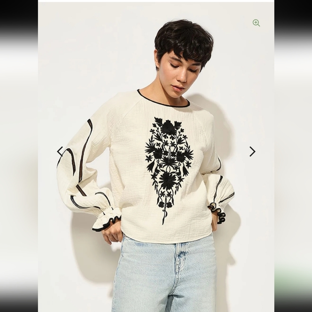 Anthropolog Embroidered Reglan Sleeves White Muslin Top Sz M Sample